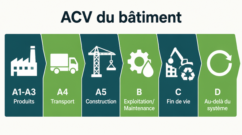 Schéma des modules ACV A1-A5, B, C, D du bâtiment