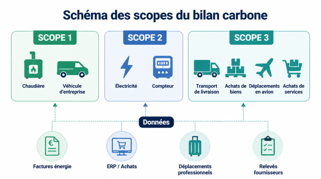 Schéma des scopes 1 2 3 pour un bilan carbone