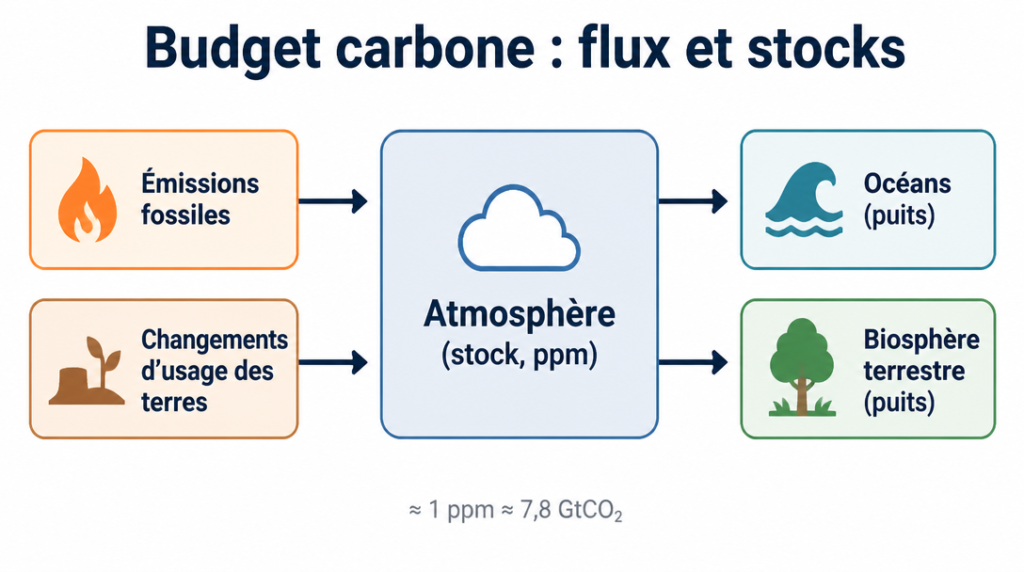 Flux d’émissions vers l’atmosphère et puits océans et biosphère
