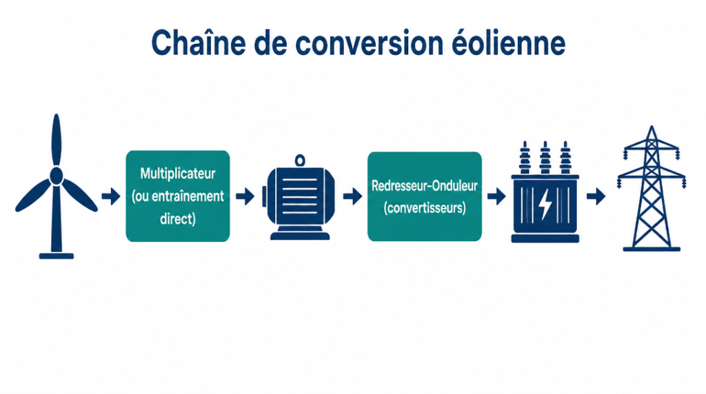 Schéma des étapes rotor, génératrice, convertisseurs et transformateur