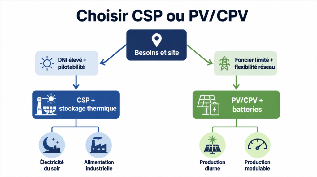 Schéma décisionnel CSP ou PV selon site et usage