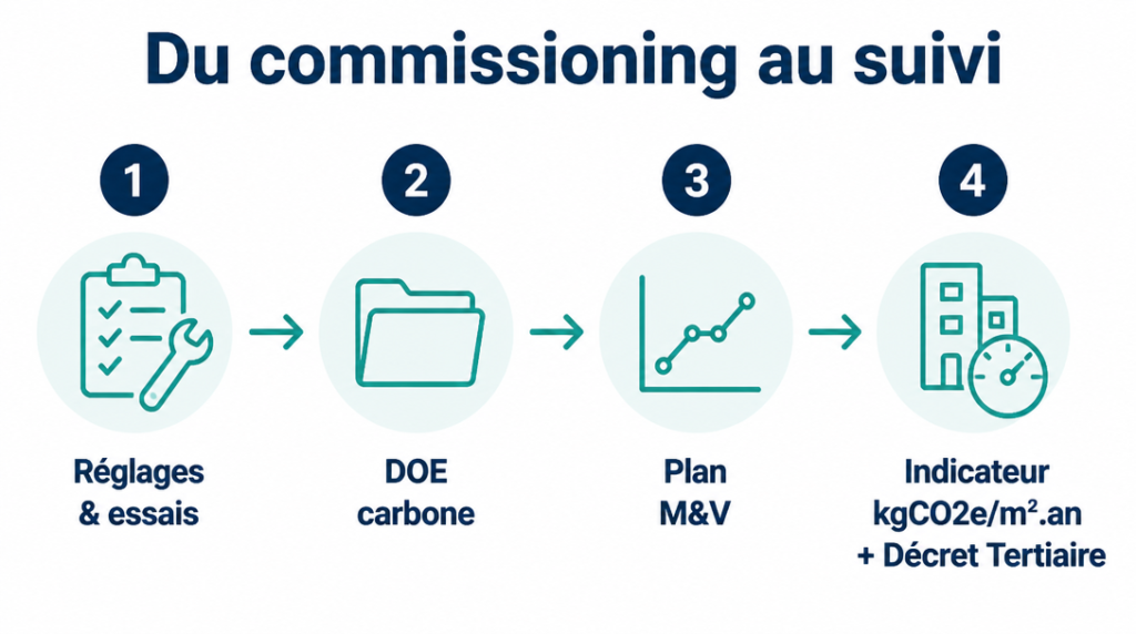 Étapes du commissioning et suivi kgCO2e/m².an