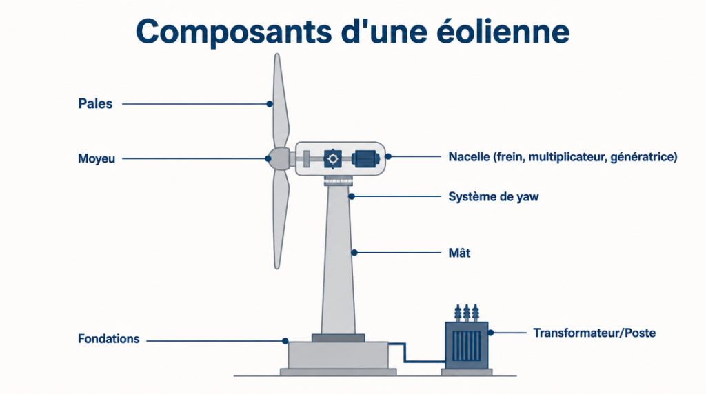 Schéma annoté des pales, nacelle, mât, fondations et transformateur