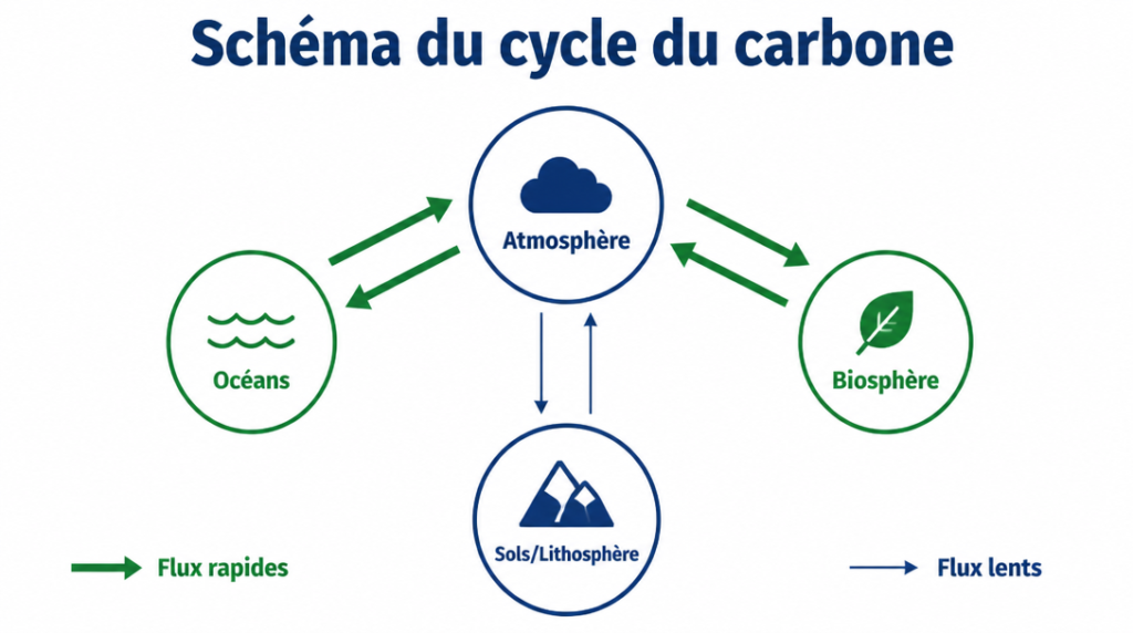 Schéma du cycle du carbone avec flux rapides et lents