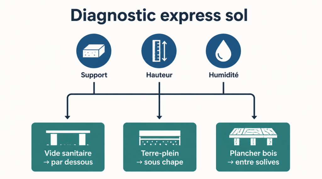 Schéma diagnostic vide sanitaire, terre-plein et plancher bois