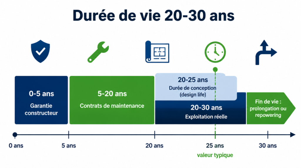 Frise chronologique de 20 à 30 ans avec durée de conception et exploitation réelle