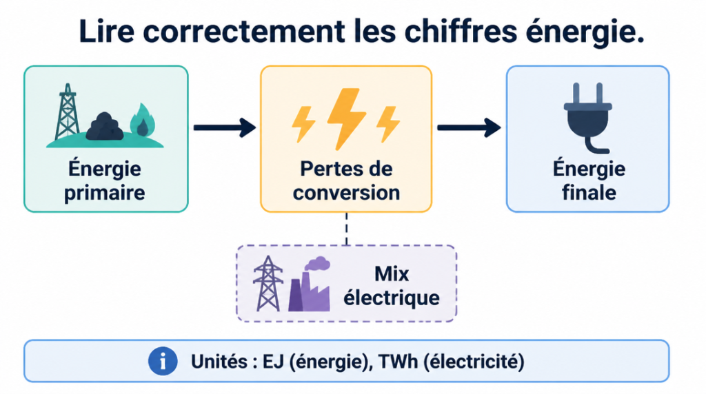 Schéma énergie primaire, pertes de conversion et énergie finale