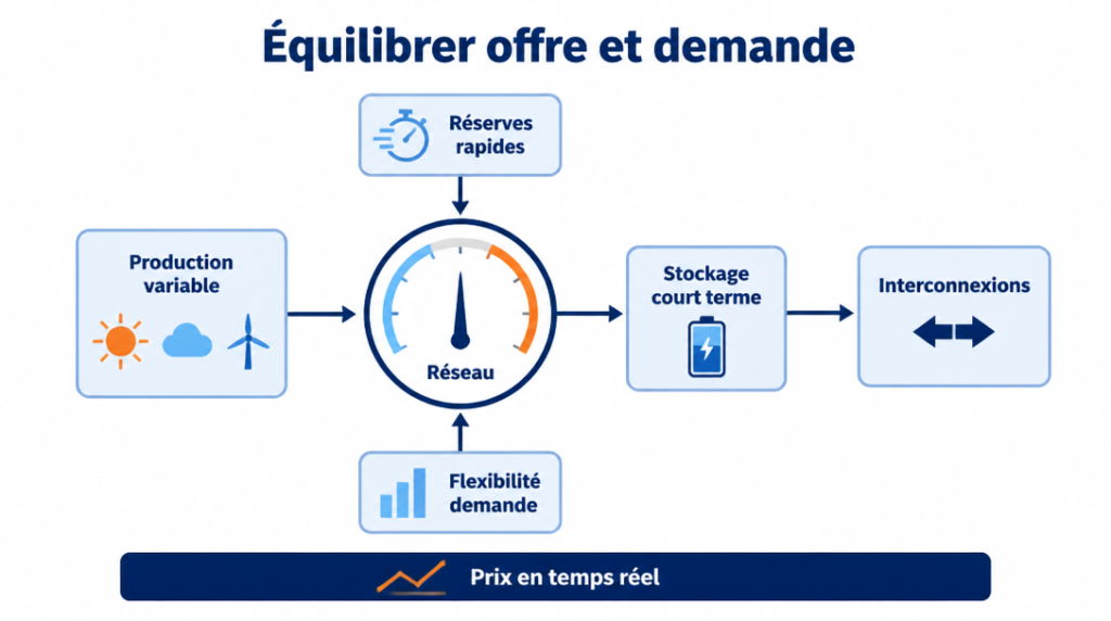 Schéma d'équilibre offre-demande et stabilité du réseau électrique