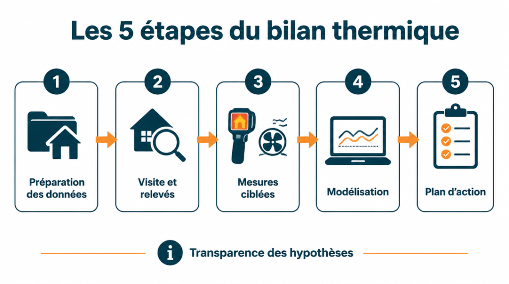 Schéma des 5 étapes d’un diagnostic thermique maison