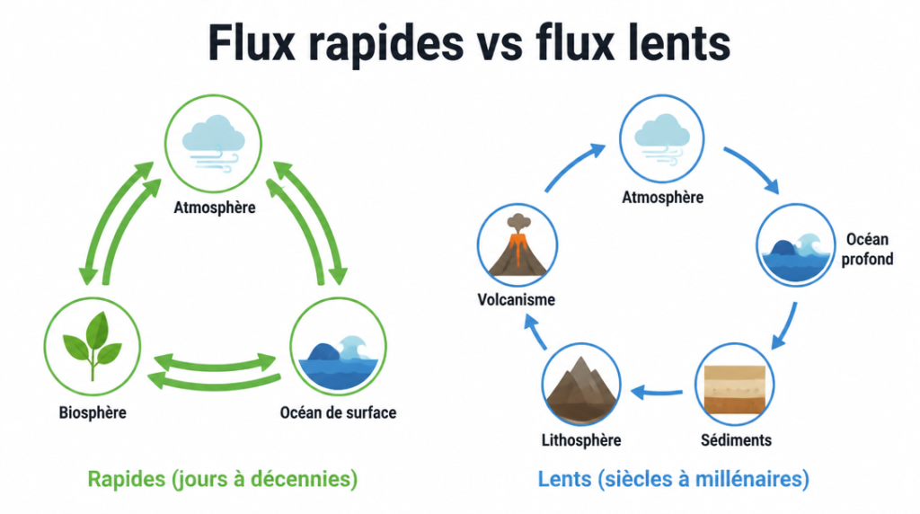 Schéma des flux rapides et lents du cycle du carbone