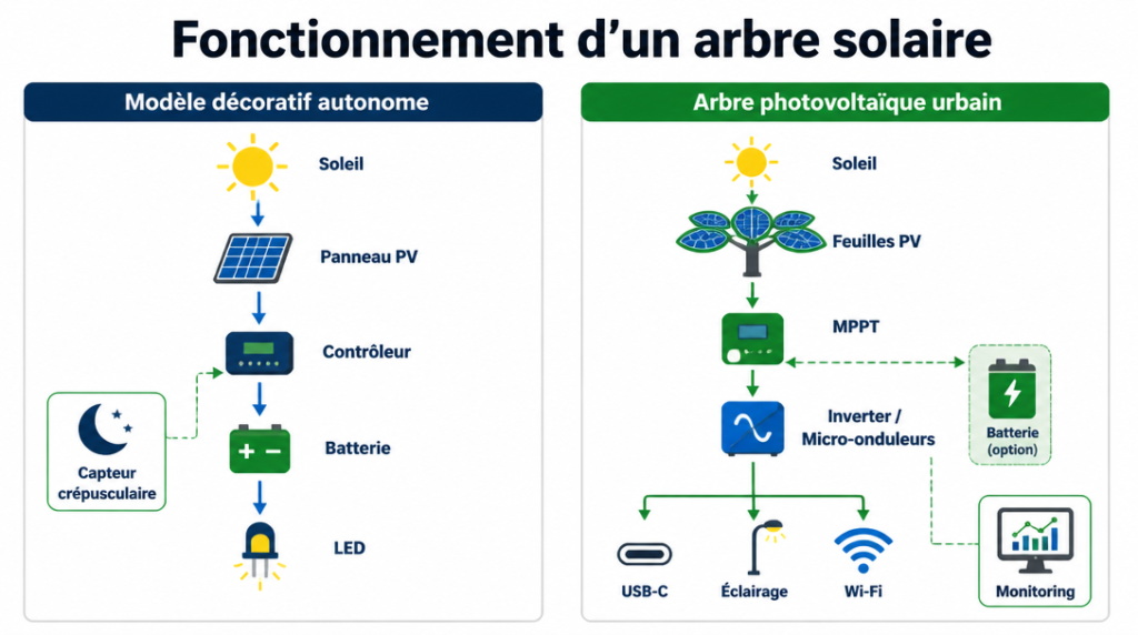 Schéma du fonctionnement d’un arbre photovoltaïque et d’un modèle décoratif