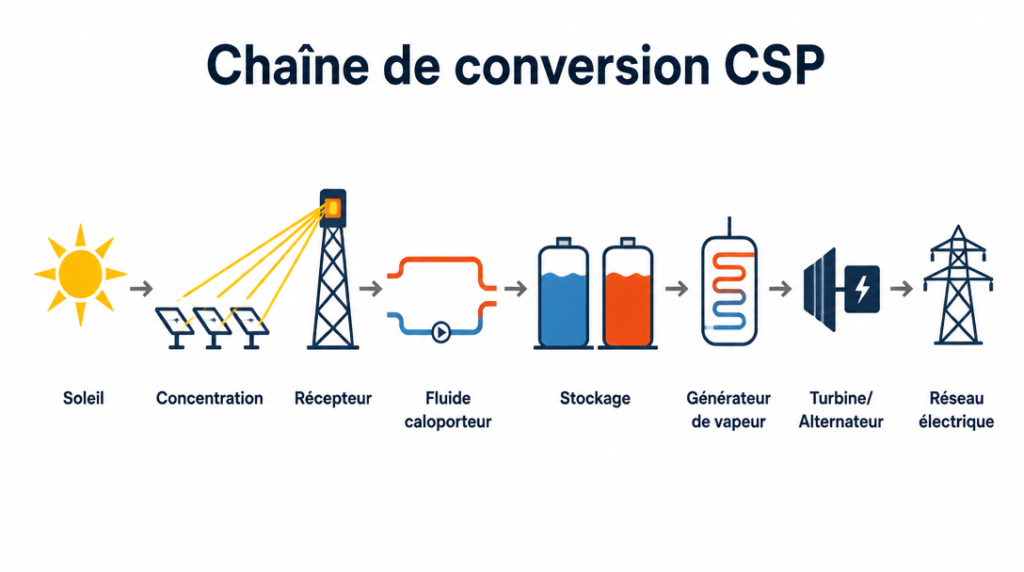 Schéma du flux chaleur-stockage-turbine d’une centrale CSP