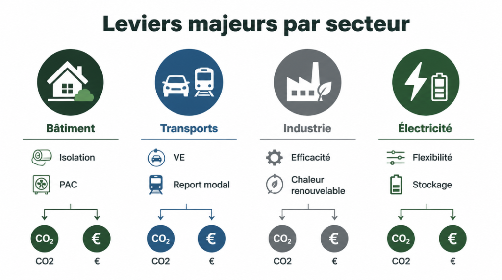 Schéma des leviers par secteur : bâtiment, transport, industrie, électricité