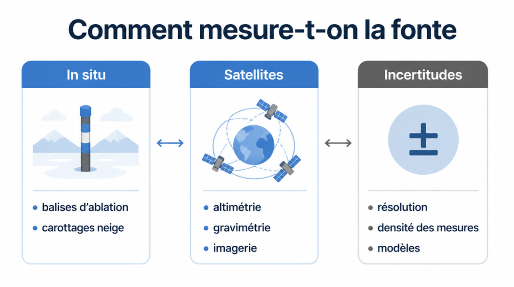 Schéma des méthodes&nbsp;: bilan de masse, altimétrie, gravimétrie