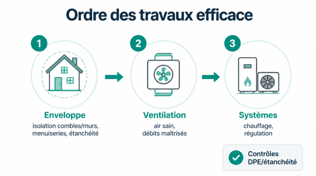Schéma ordre des travaux : isolation, ventilation, systèmes