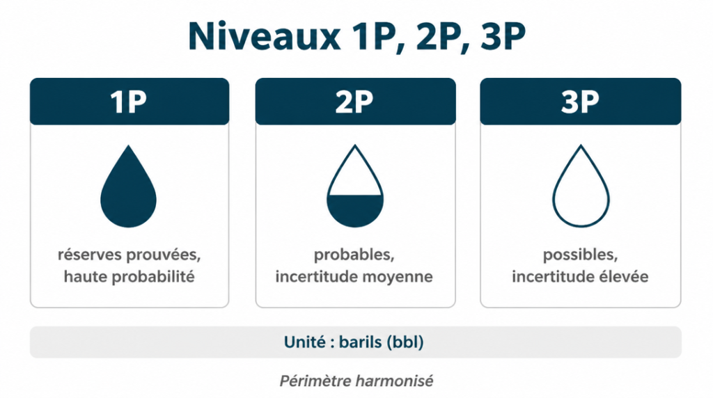 Schéma des réserves prouvées 1P et des niveaux 2P, 3P