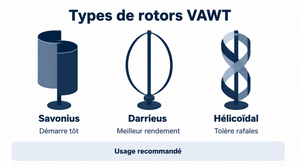Schéma Savonius, Darrieus et rotor hélicoïdal comparés