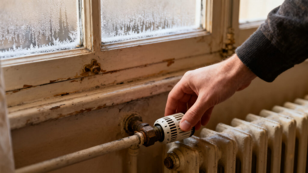 Condensation et radiateur ancien dans un logement F-G