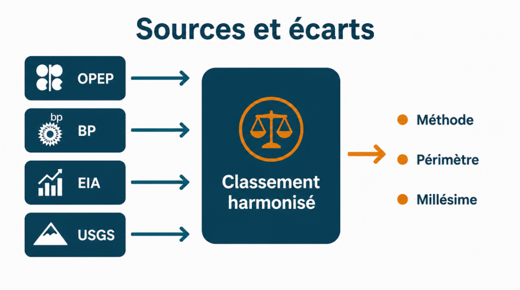 Infographie des sources OPEP, BP, EIA, USGS et périmètres