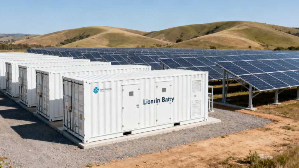 Rangée de batteries Li-ion près d'un parc photovoltaïque