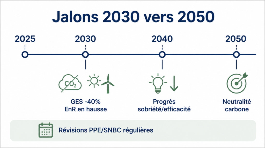 Timeline PPE et SNBC : étapes 2030 à 2050