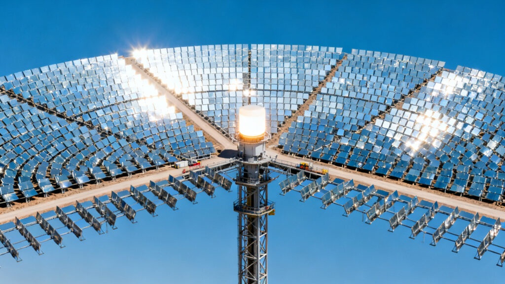 Champ d’héliostats orientés vers une tour solaire centrale