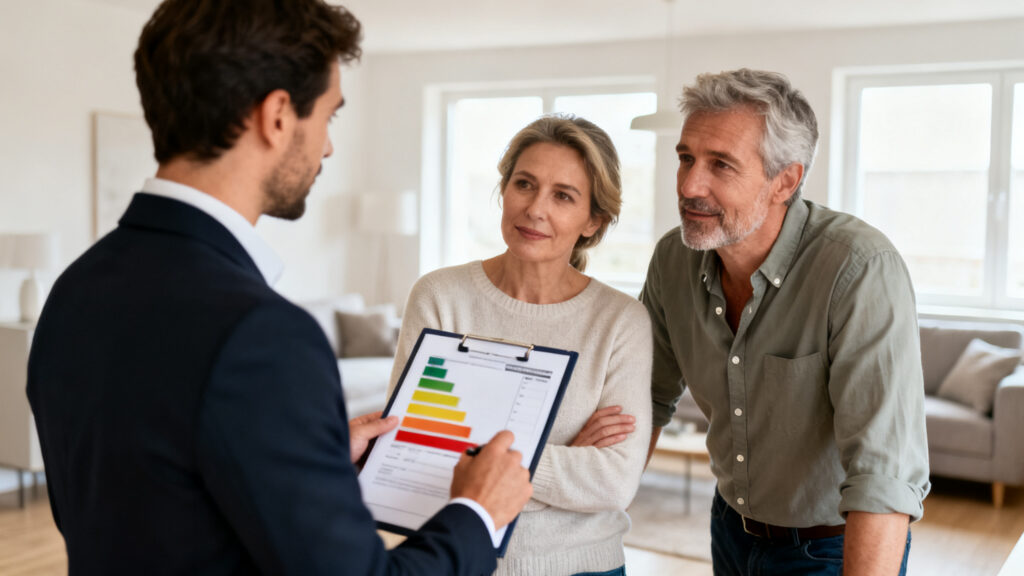 Agent et propriétaires discutant du DPE vente et location obligatoires