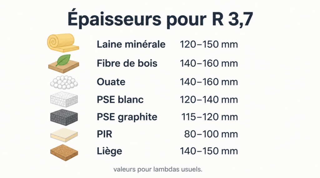 Épaisseurs pour R 3,7 en laine minérale, fibre de bois, PSE et PIR