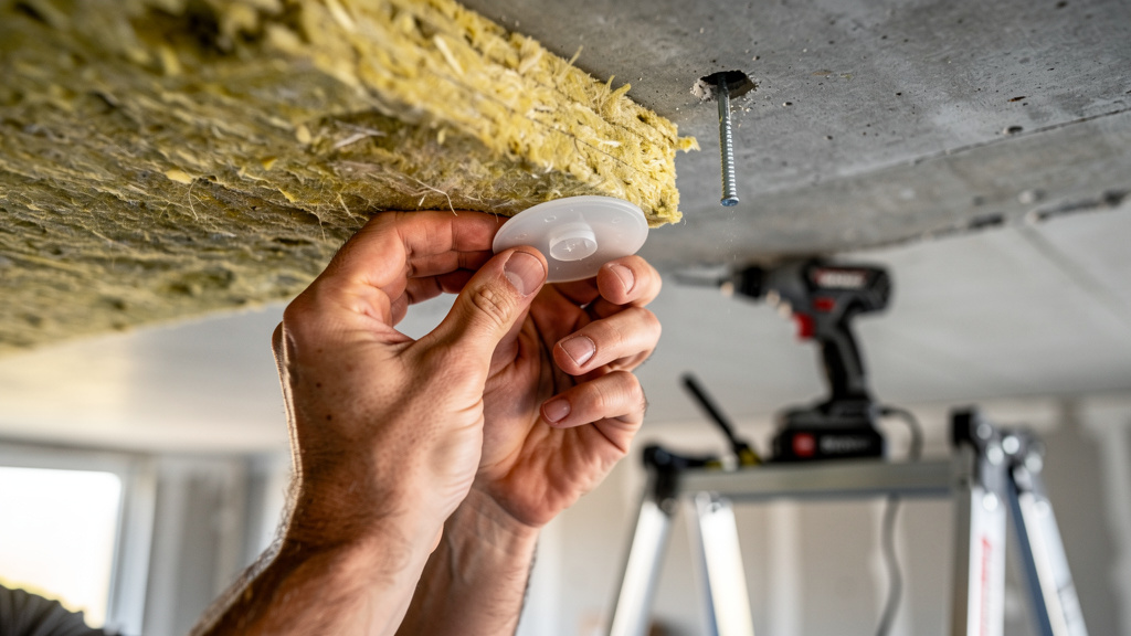 Pose d’une fixation pour isolation au plafond avec rosace