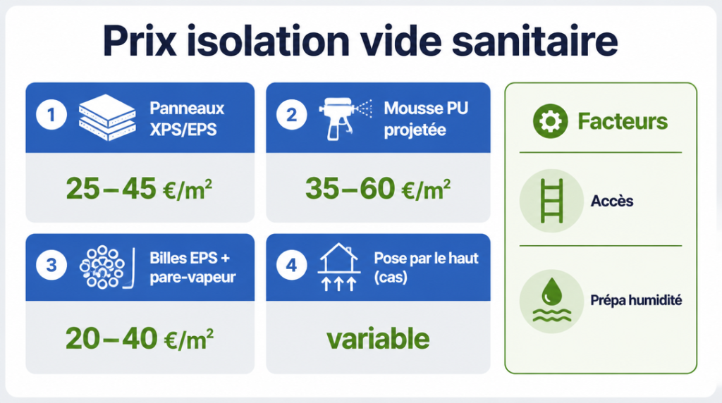 Infographie&nbsp;: prix isolation vide sanitaire par méthode et facteurs clés