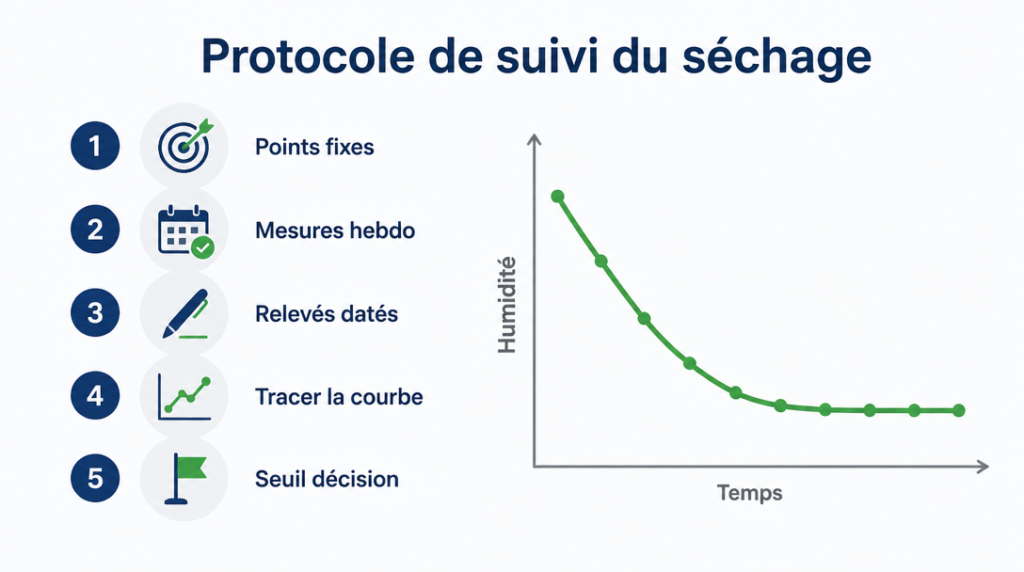Schéma du protocole de mesure et courbe de séchage