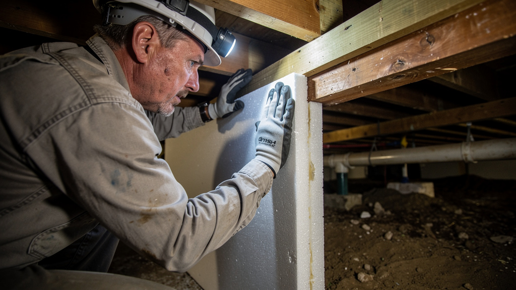 Pose de panneaux XPS en sous-face d’un vide sanitaire accessible