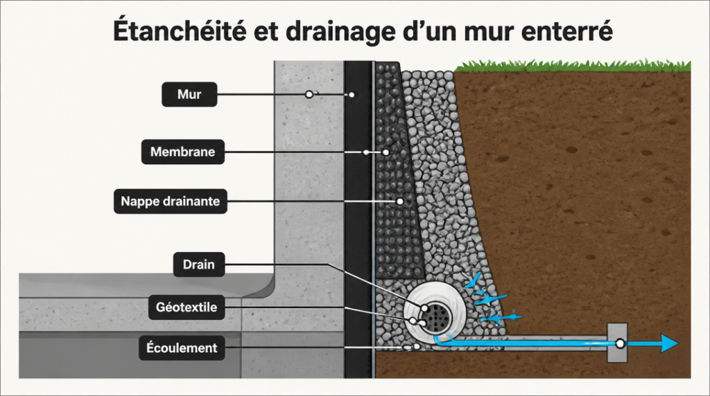 Coupe d’un mur enterré avec membrane et drain