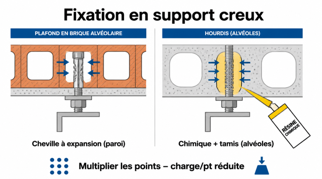 Schéma cheville à expansion et scellement chimique en support creux