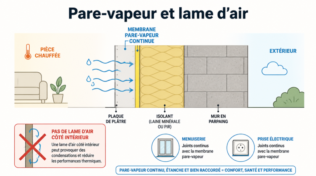 Coupe mur parpaing avec pare-vapeur continu, sans lame d’air