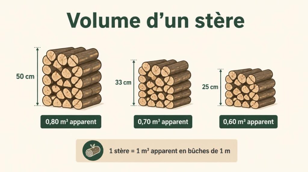 Équivalence stère m³ selon longueur des bûches